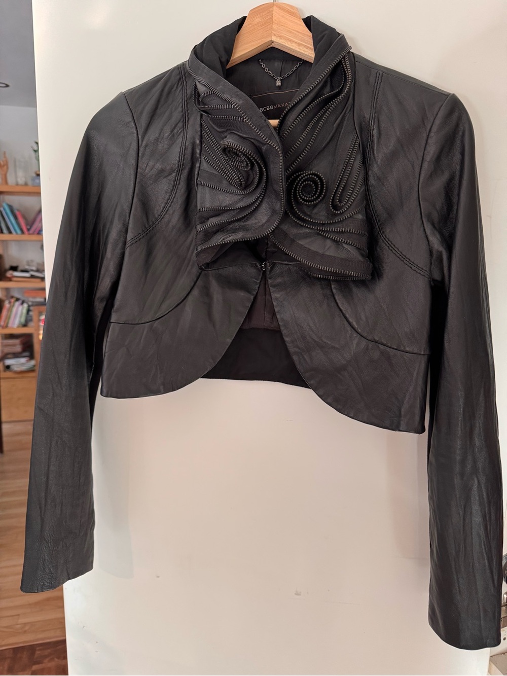 Black Leather Cropped Bolero Jacket Sculptural Zipper Collar
